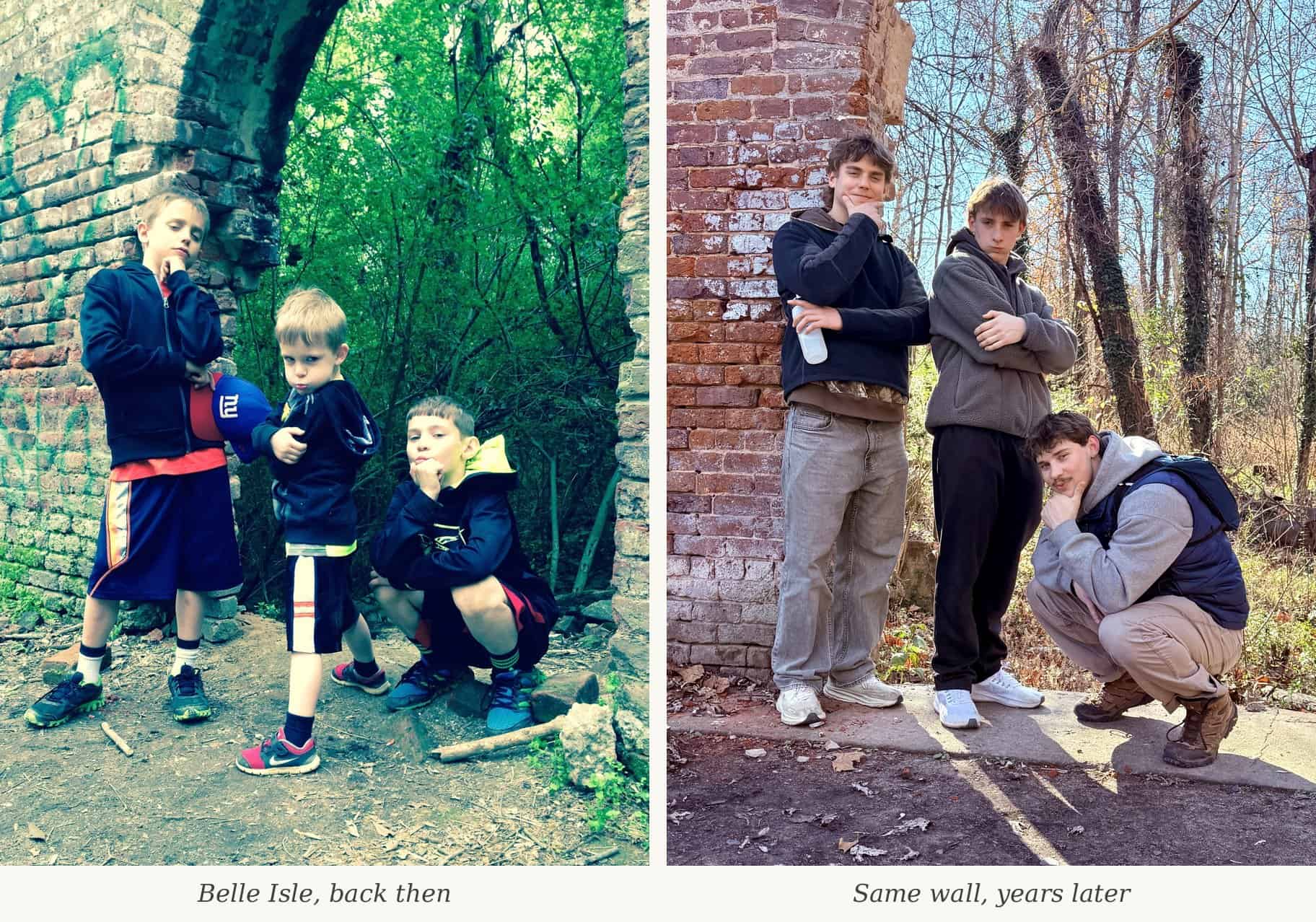 Three boys at the same Belle Isle brick wall, years apart